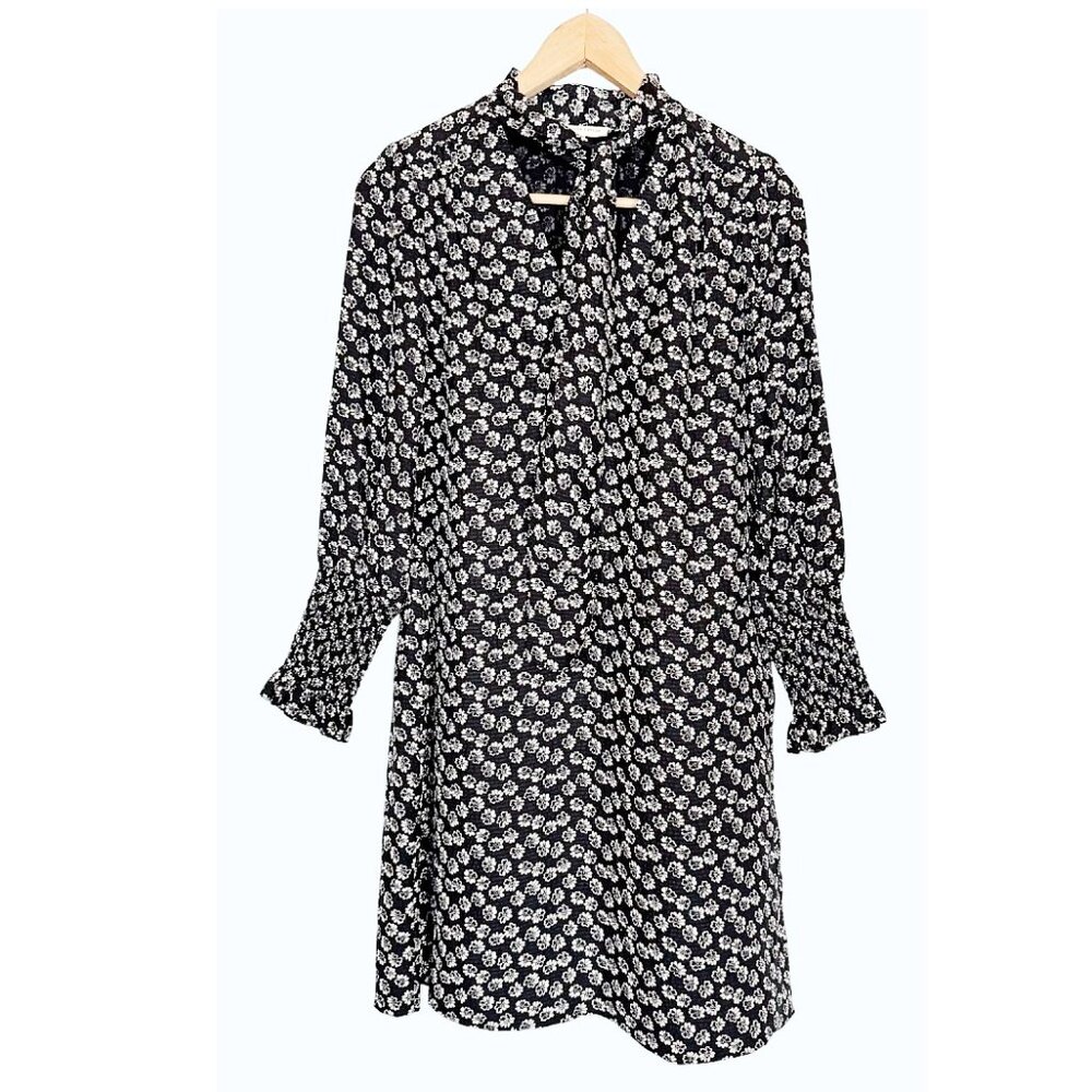 Rebecca Taylor Rue Silk Dress Black White Tie Neck Floral Smocked Cuffs Size 0 - Picture 8 of 11